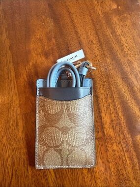 Coach Brown Signature Canvas Card Phone Case with Blue Trim and Lanyard